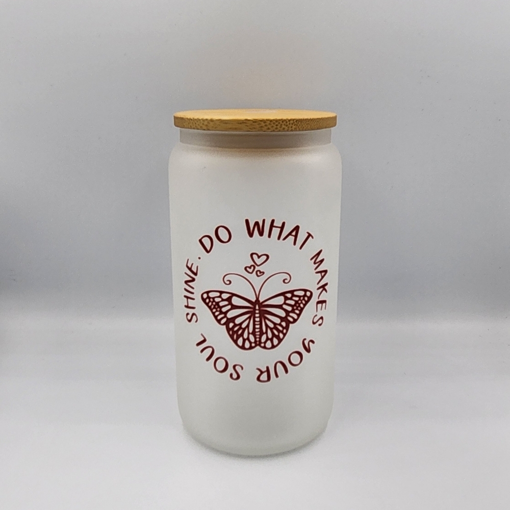 Frosted Glass Jar with Bamboo Lid and Red Butterfly Design - Great Gift Idea!